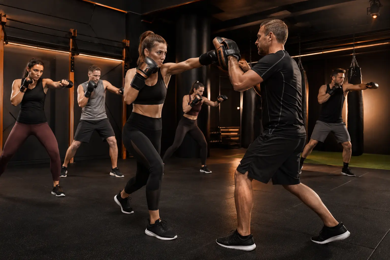 Dynamische Piloxing-Gruppe bei einer Kombination aus Box- und Fitnessbewegungen